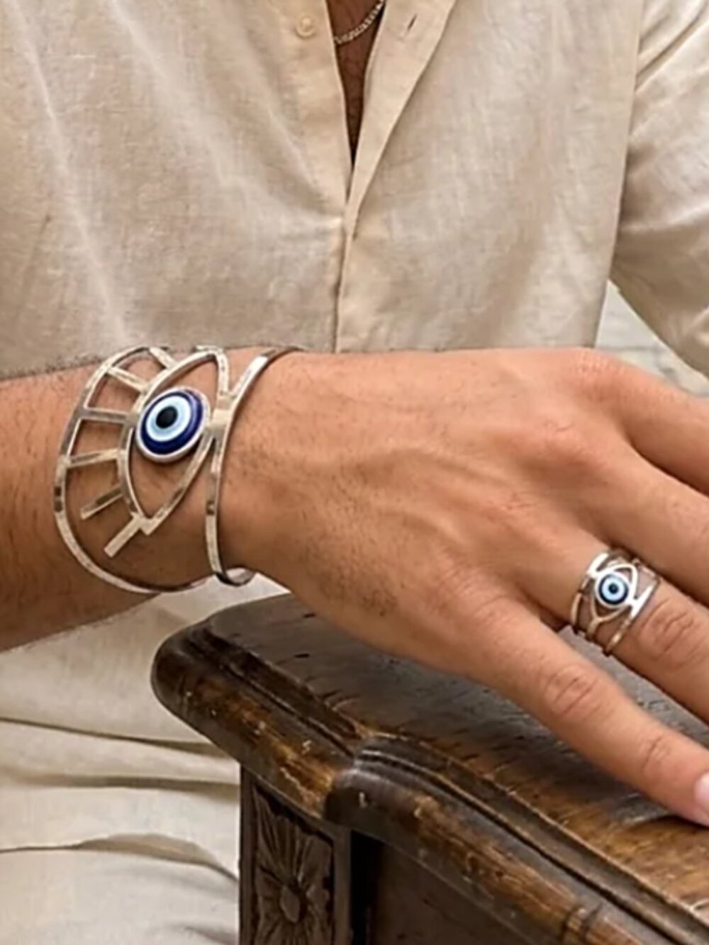 NWT Silver Evil Eye Ring & Bracelet Set Boho Protection Jewelry